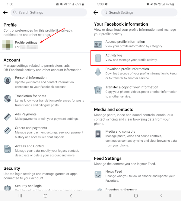 Facebook Mobile App Activity Log in Profile Settings