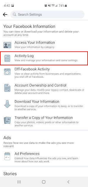 facebook activity log on iphone