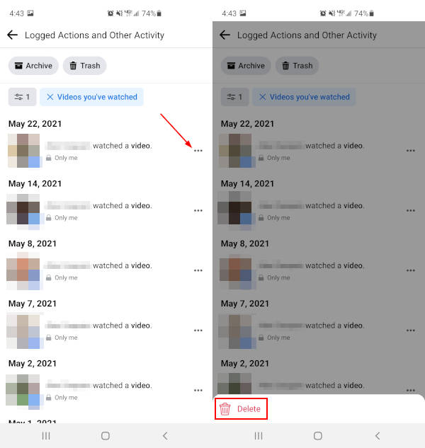 Facebook Mobile App Delete Option in Watched Video History