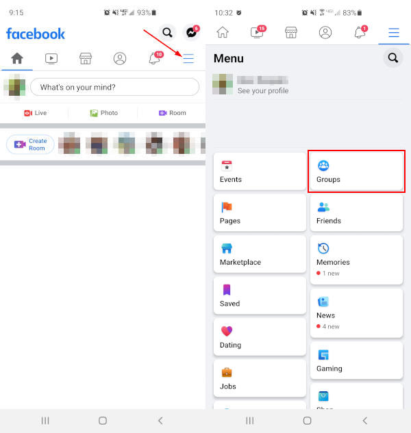 Facebook Mobile App Groups Button in Hamburger Menu
