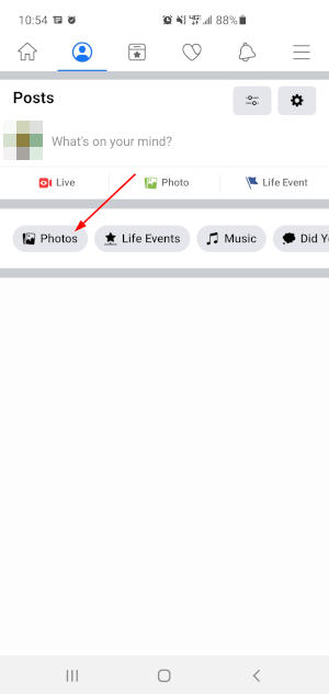 Facebook Mobile App Photos Button on Profile Page