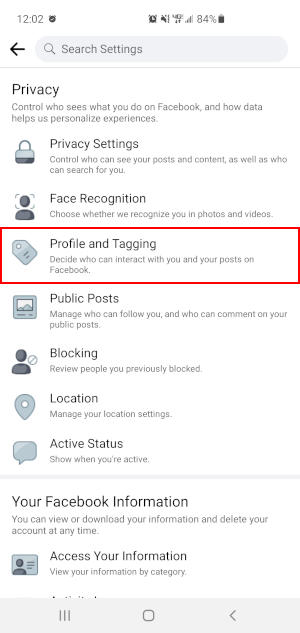 Facebook Mobile App Profile and Tagging in Settings