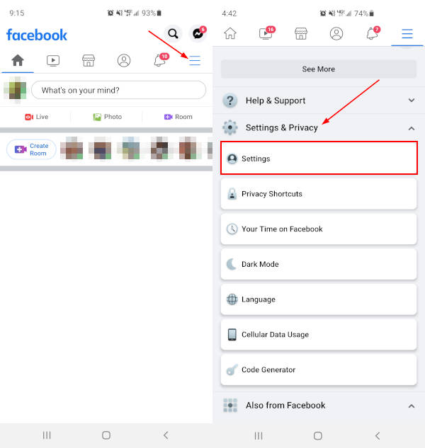 Facebook Mobile App Settings Under Settings and Privacy in Hamburger Menu