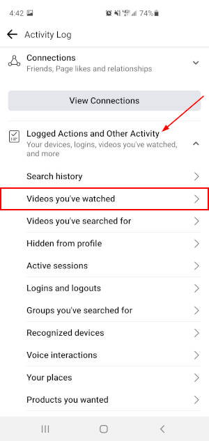 Facebook Mobile App Videos Watched in Activity Log