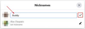 Facebook Nickname and Checkmark in Set Nickname Box