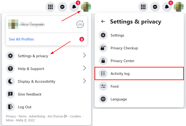 Facebook Web Activity Log Under Settings and Privacy in Profile Picture Menu