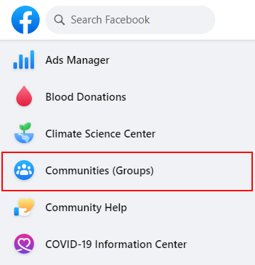 Facebook Web Communities Groups in Leftmost Menu