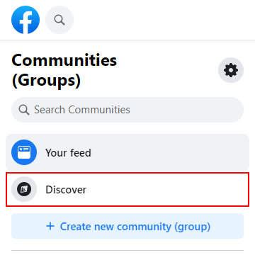 Facebook Web Discover in Leftmost Menu of Communities Groups Page
