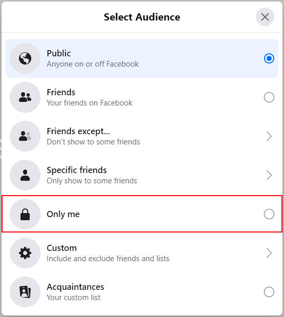 Facebook Web Only Me Option in Select Audience Window