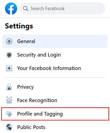 Facebook Web Profile and Tagging in Settings Menu