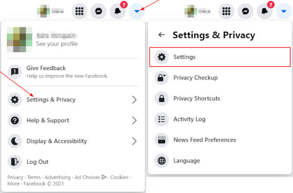 Facebook Web Settings in Settings and Privacy
