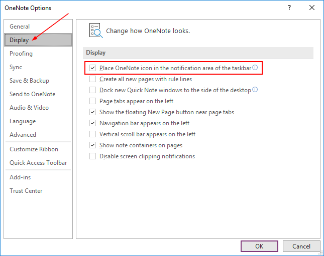 OneNote Place Icon in System Tray Checkbox in Display Options