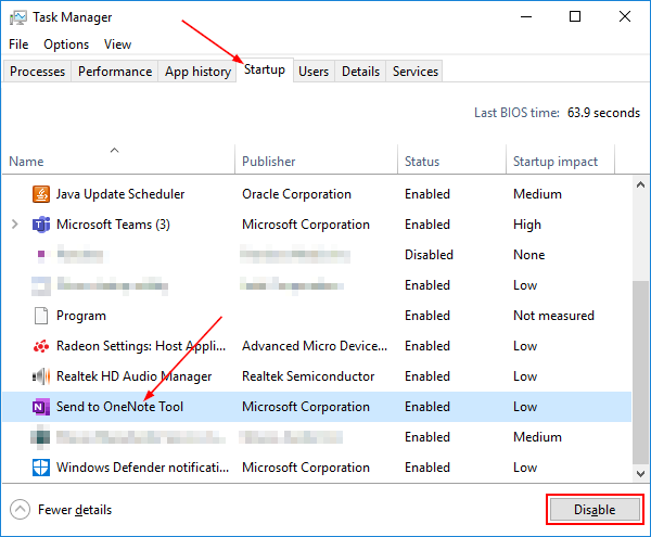 Send to OneNote Tool Selected with Disable Button in Windows 10 Task Manager