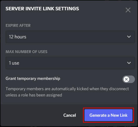 Discord Generate New Invite in Edit Invite Link Window