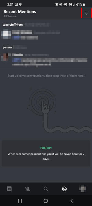 Discord Mobile App Filter Icon in Recent Mentions Screen