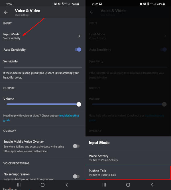 Discord Mobile App Push to Talk in Input Mode Menu in Voice and Video Settings