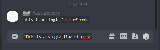 Discord Snippet of Single Line Code in Chatbox