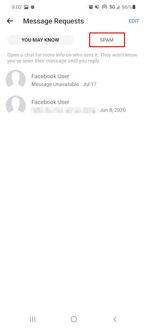 Facebook Messenger Mobile App Spam Tab in Message Requests