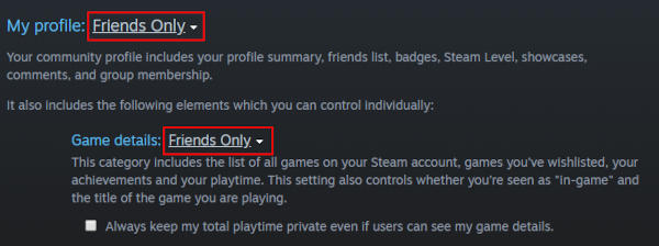 Steam Dropdown on My Profile and Game Details in Profile Privacy Settings