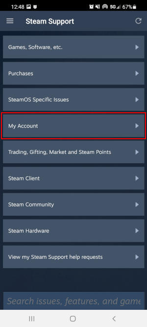 Steam Mobile App My Account in Support Screen