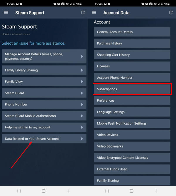 Steam Mobile App Subscriptions in Support Screen