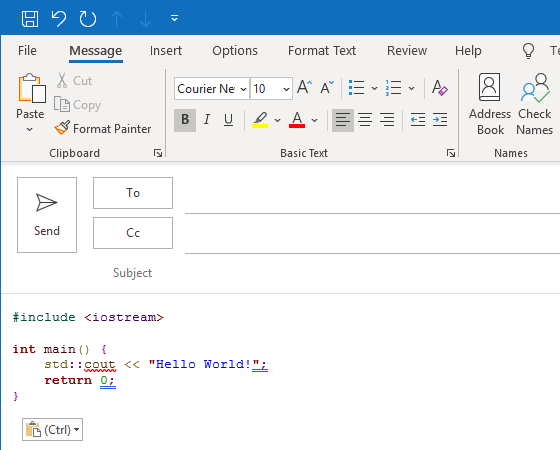 Block of Code in Outlook with Syntax Highlighting by ToHTML Website