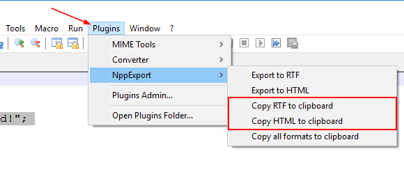 Copy to RTF and HTML in Notepad plus plus