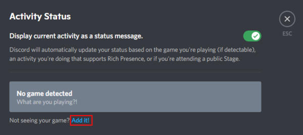 Discord Add Game Button in Activity Status Settings
