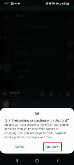 Discord Mobile App Android Screen Share Warning Start Button