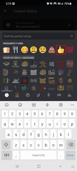 Discord Mobile App Emoji Menu in Custom Status Screen