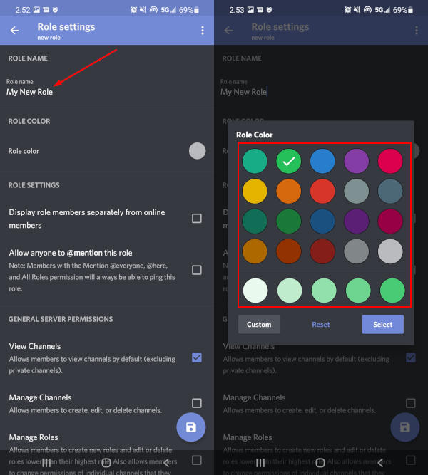 Discord Mobile App Role Name and Color on New Role Screen