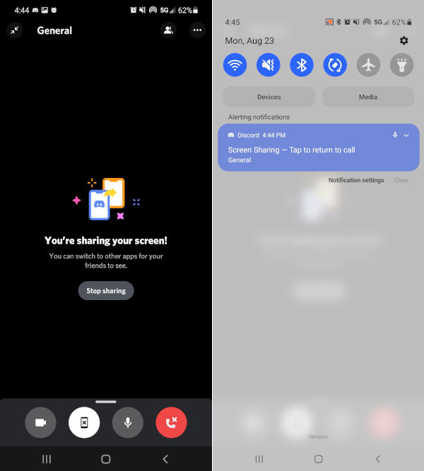 Discord Mobile App Screen Sharing Active Screen and Notification Android