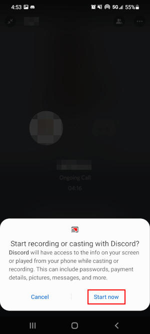 Discord Mobile App Start Button on Screen Sharing Warning Message