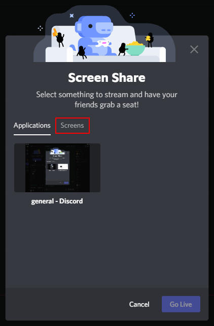 Discord Screens Tab in Screen Share Window
