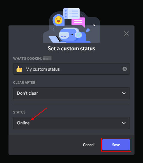 Discord Status and Save Button in Custom Status Window