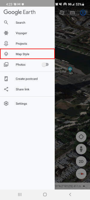 Google Earth Mobile App Map Style in Hamburger Menu
