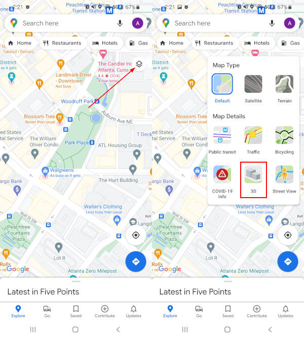 Google Maps Mobile App 3D View in Layers Menu