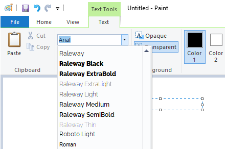 Microsoft Paint Raleway Added Font in Font List