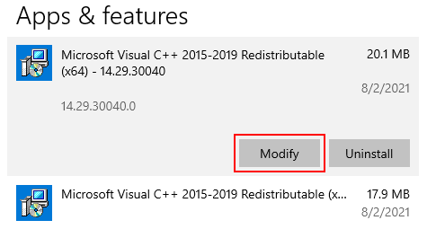 Modify Button on Visual C++ Redistributable Package in Programs and Features