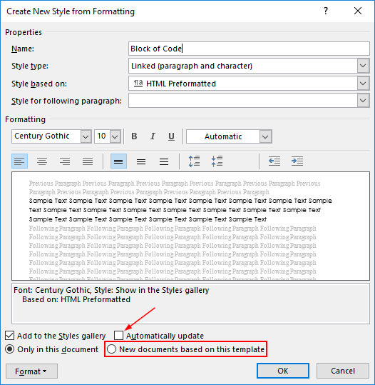 Outlook Automatically Update Checkbox and New Documents Based on This Template Radio Button in Create New Style Window