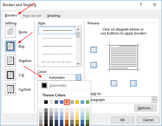 Outlook Border Setting and Color in Borders and Shading on Custom Style