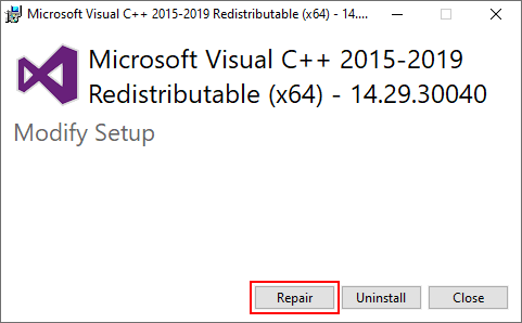 Repair Button on Visual C++ 2015 Redistributable Package