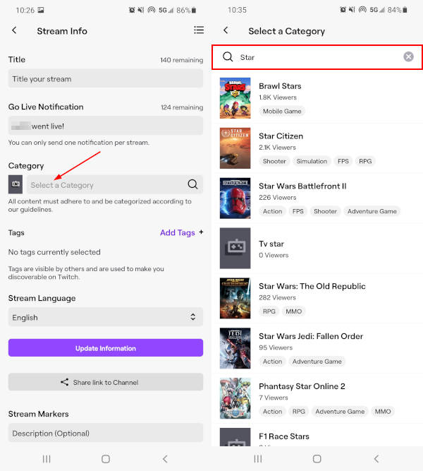 Twitch Mobile App Category Game Field on Edit Stream Info Screen