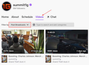 Twitch Past Broadcasts Filter Under Vidoes Tab on Sumit1g Channel