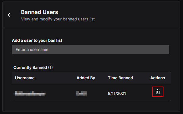 Twitch Unban User Button in Banned Users Settings