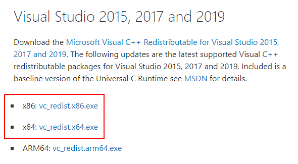Visual C++ Redistributable Packages Download Links on Microsoft Website