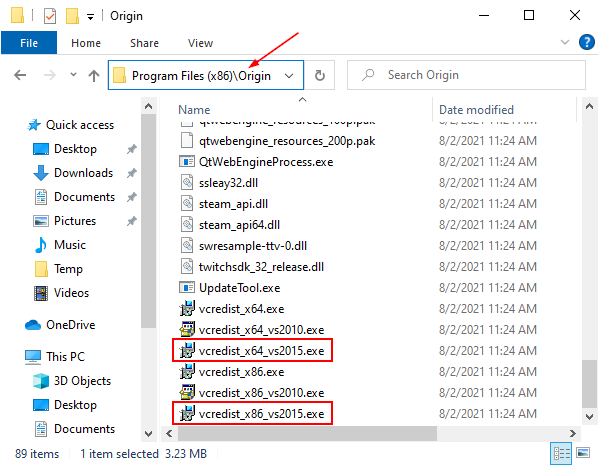Visual C++ Redistributable Packages in Origin Folder in Windows File Explorer