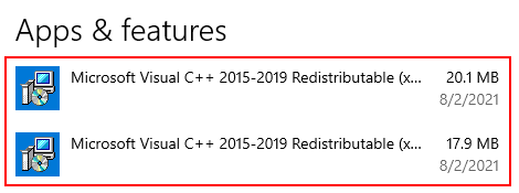 Visual C++ Redistributable Packages in Programs and Features