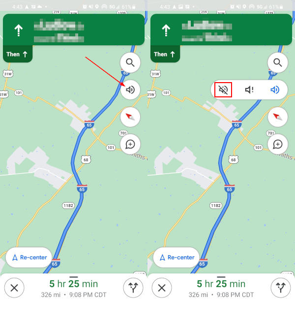 Google Maps Mute Icon in Voice Navigation Sound Panel