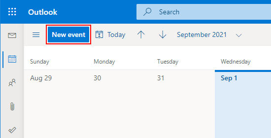 Outlook for the Web New Event Button on Calendar